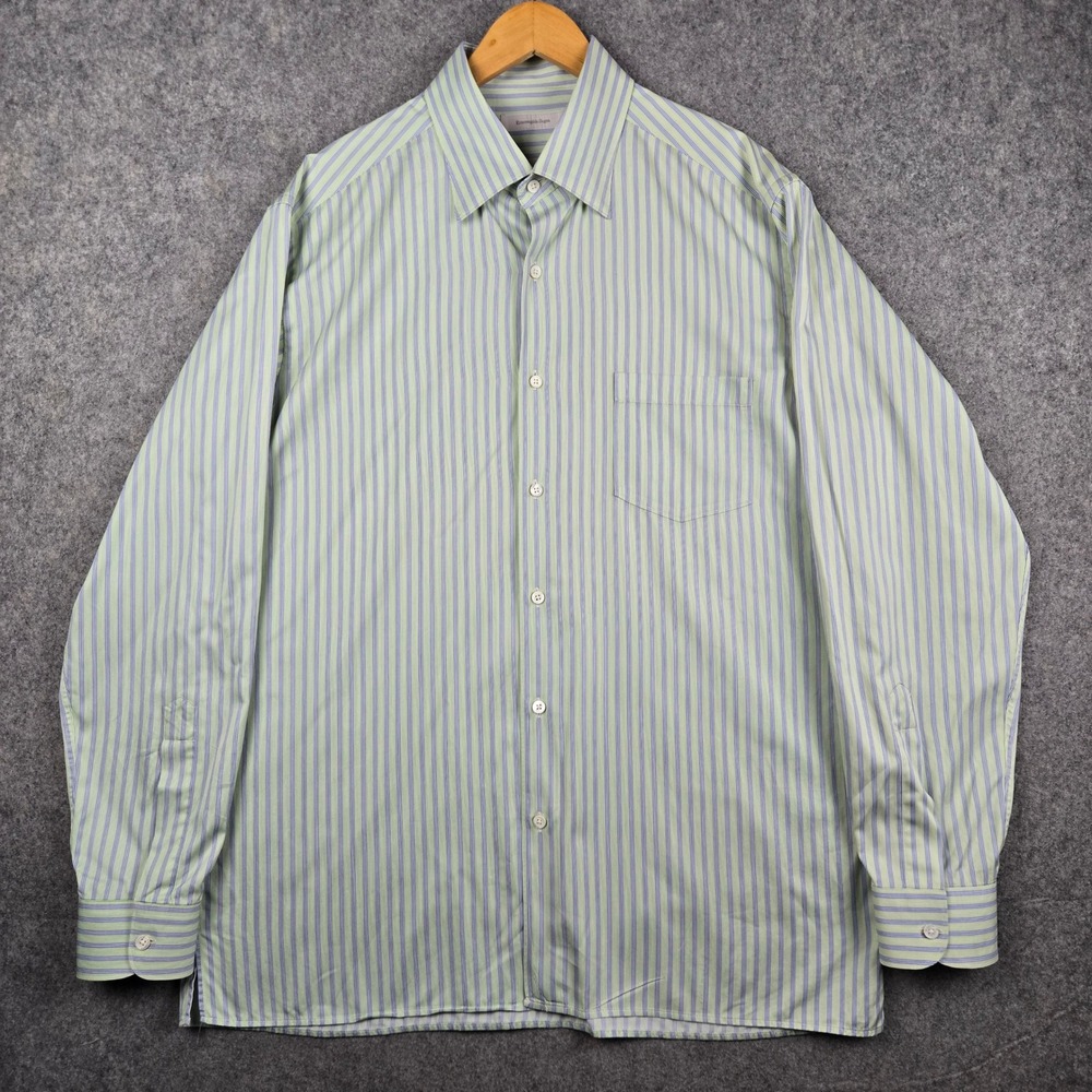 Ermenegildo Zegna Shirt Mens XL Green Blue Striped Cotton Button Down Italy